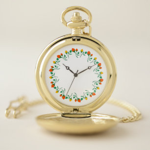 Floral round frame with yellow and red rose flower pocket watch