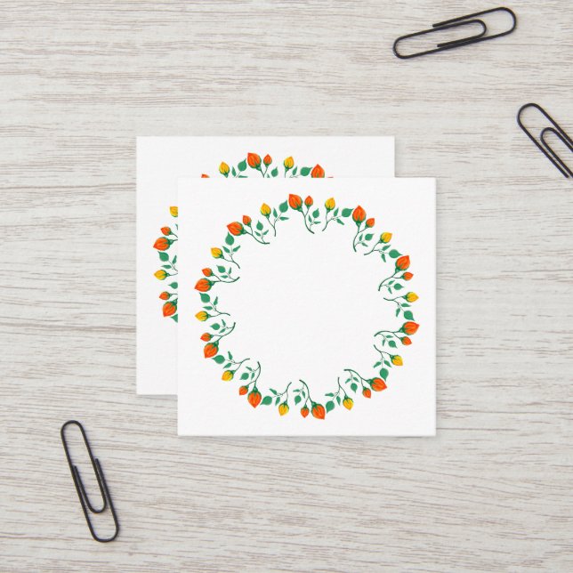 Floral round frame with yellow and red rose flower square business card (Front/Back In Situ)