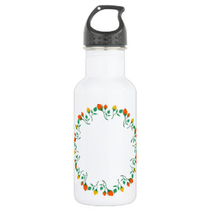 Floral round frame with yellow and red rose flower stainless steel water bottle