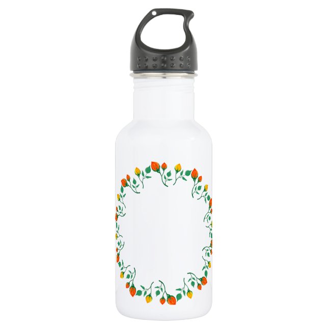 Floral round frame with yellow and red rose flower stainless steel water bottle (Front)