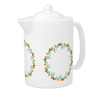 Floral round frame with yellow and red rose flower teapot