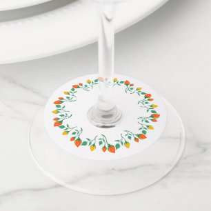 Floral round frame with yellow and red rose flower wine glass tag