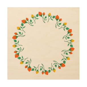 Floral round frame with yellow and red rose flower wood wall art