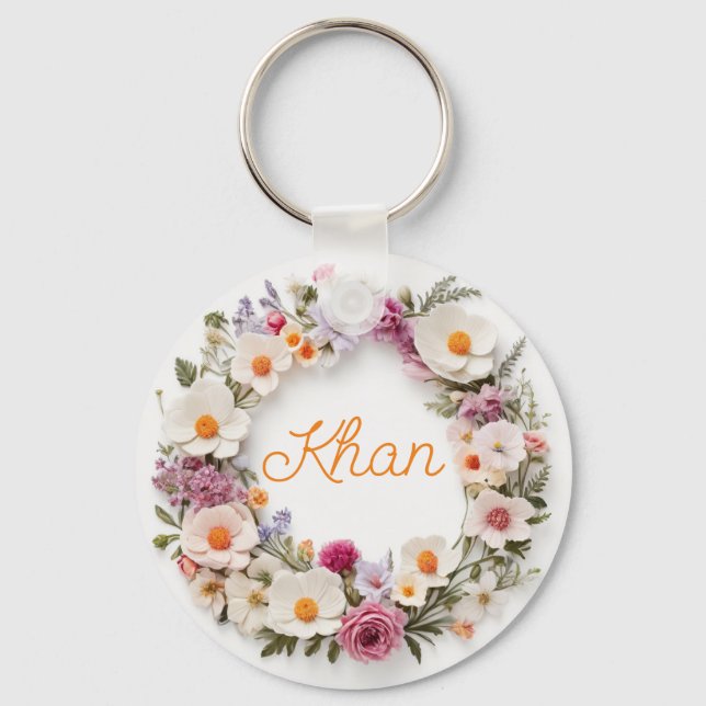 Floral rounded ring digital art /Personalized  Keychain (Front)
