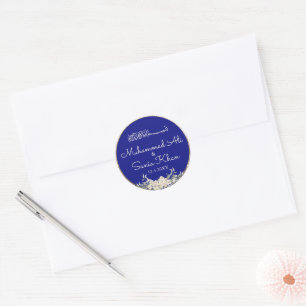 Floral Royal Blue and Gold Islamic Muslim Wedding Classic Round Sticker