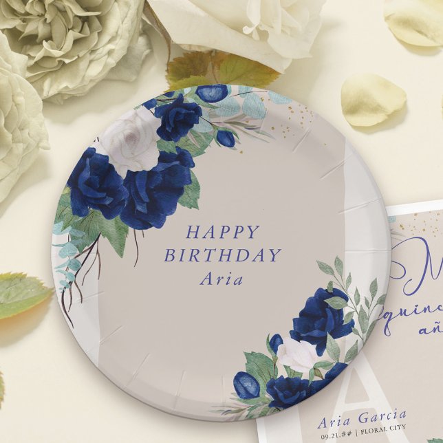 Floral Royal Blue and Ivory Roses Personalized Paper Plates (Personalized Birthday Party Plates with beautiful royal blue and ivory rose blooms)