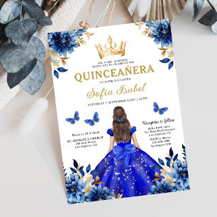 Floral Royal Blue Bilingual Spanish Quinceanera Invitation