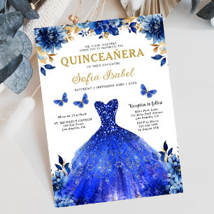 Floral Royal Blue Bilingual Spanish Quinceanera Invitation