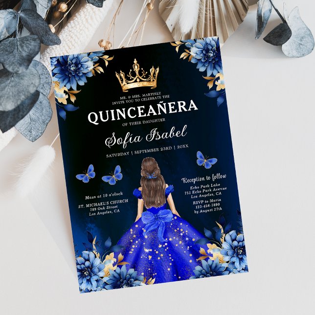 Floral Royal Blue Bilingual Spanish Quinceanera Invitation (Creator Uploaded)