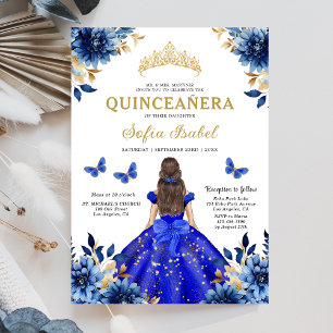 Floral Royal Blue Bilingual Spanish Quinceanera Invitation
