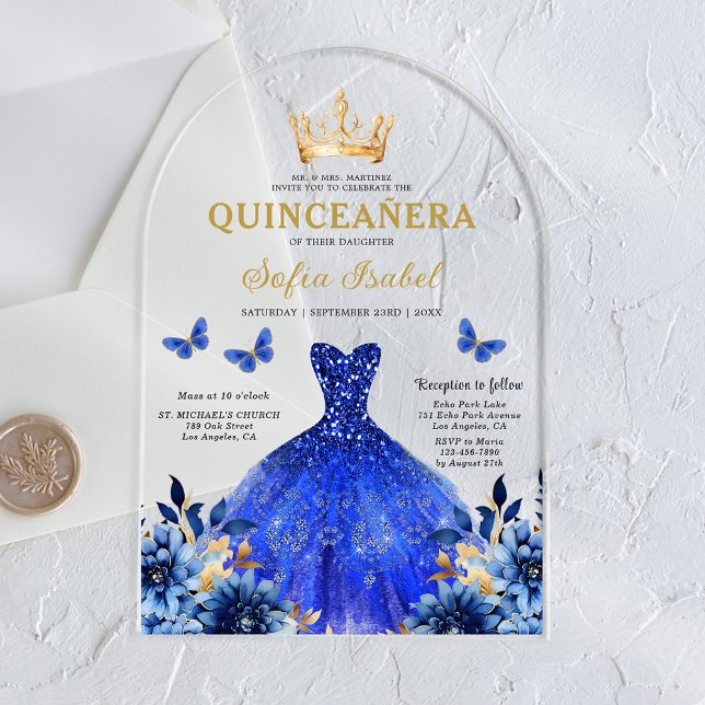 Floral Royal Blue Butterfly Princess Quinceanera Acrylic Invitations (Creator Uploaded)