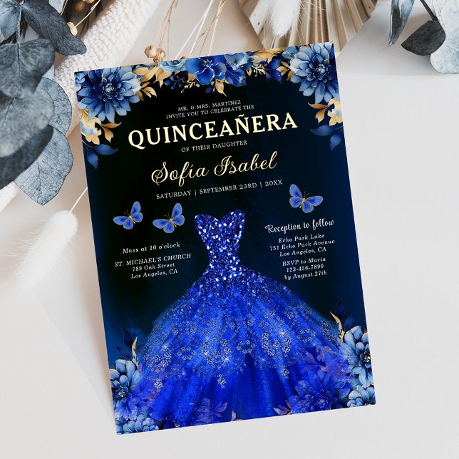 Floral Royal Blue Butterfly Princess Quinceanera Foil Invitation (Creator Uploaded)
