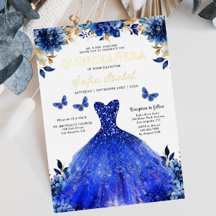 Floral Royal Blue Butterfly Princess Quinceanera Foil Invitation