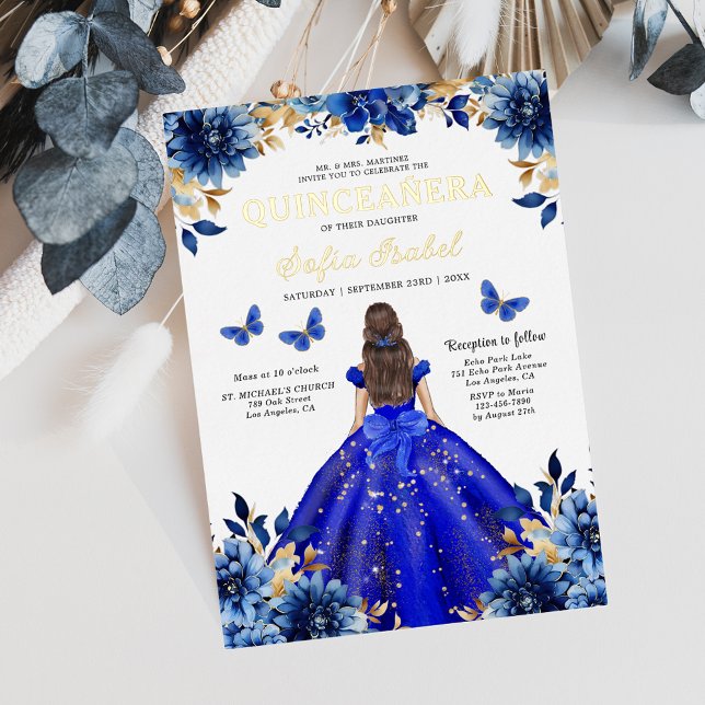 Floral Royal Blue Butterfly Princess Quinceanera Foil Invitation (Creator Uploaded)