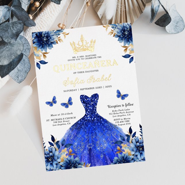 Floral Royal Blue Butterfly Princess Quinceanera Foil Invitation (Creator Uploaded)