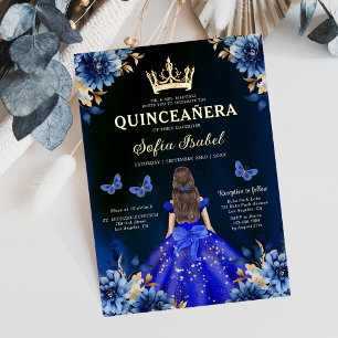 Floral Royal Blue Butterfly Princess Quinceanera Foil Invitation