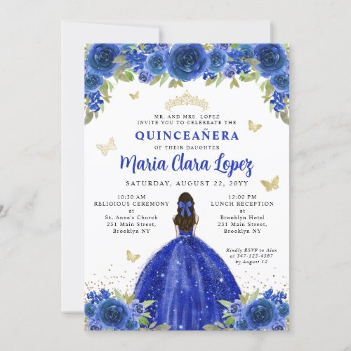 Floral Royal Blue Butterfly Princess Quinceanera Invitation