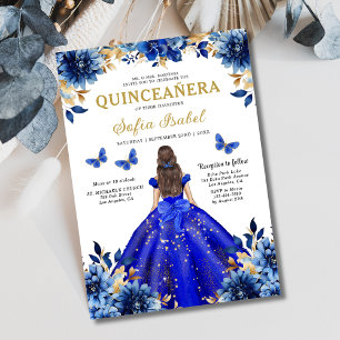 Floral Royal Blue Butterfly Princess Quinceanera Invitation