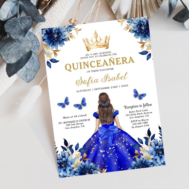 Floral Royal Blue Butterfly Princess Quinceanera Invitation (Creator Uploaded)