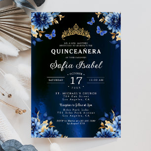 Floral Royal Blue Butterfly Princess Quinceanera Invitation