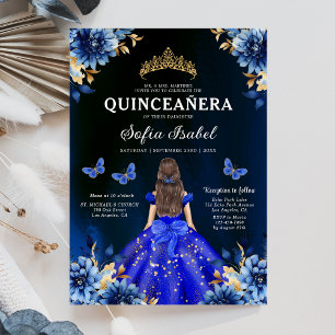 Floral Royal Blue Butterfly Princess Quinceanera Invitation