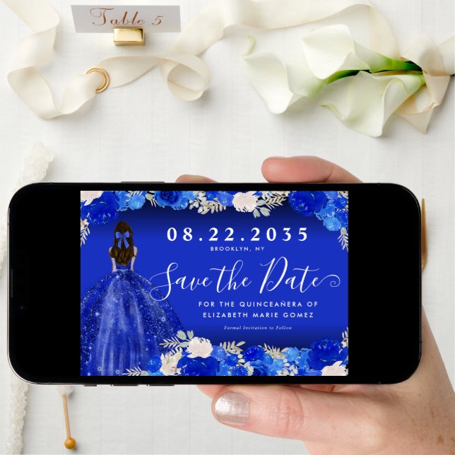 Floral Royal Blue Dress Birthday Quinceanera Save The Date (Front Digital)