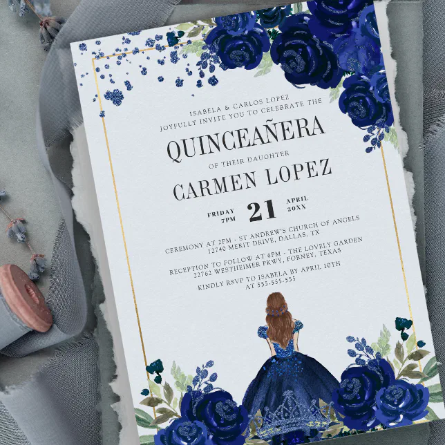 Floral Royal Blue Dress Budget Quinceanera Invitation 