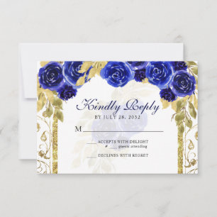 Floral Royal Blue Gold Arch Quinceañera RSVP Card