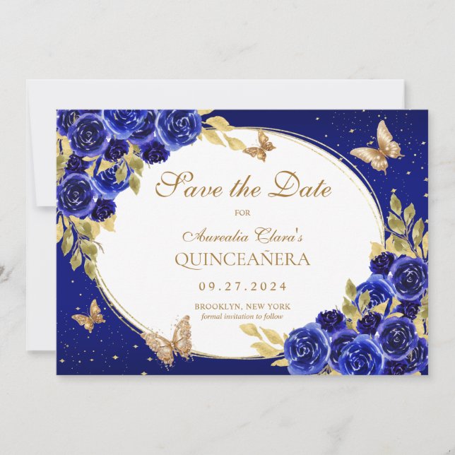 Floral Royal Blue Gold Butterfly Quinceanera Announcement (Front)