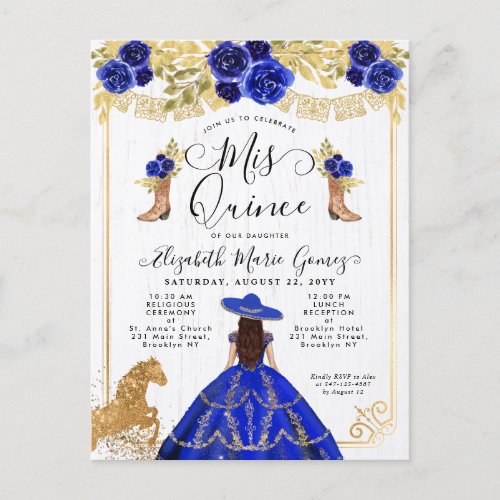 Floral Royal Blue Gold Charra Princess Quinceanera Invitation Postcard