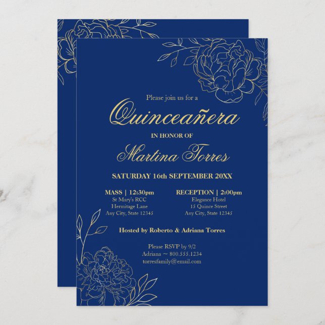 Floral Royal Blue Gold Fine Art Quinceanera Invitation (Front/Back)