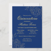 Floral Royal Blue Gold Fine Art Quinceanera Invitation (Front)