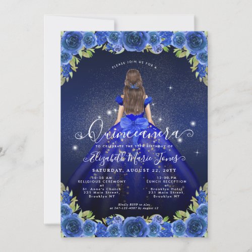 Floral Royal Blue Gold Glam Princess Quinceanera Invitation