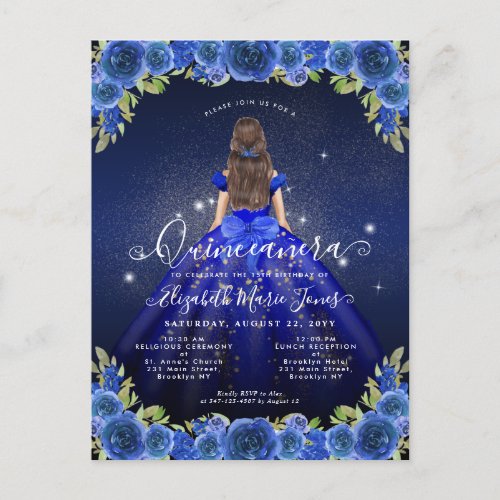Floral Royal Blue Gold Glam Princess Quinceanera Postcard