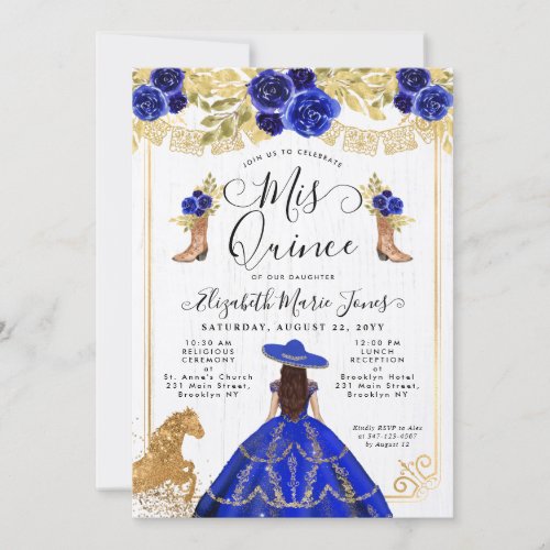 Floral Royal Blue Gold Horse Charra Quinceanera Invitation
