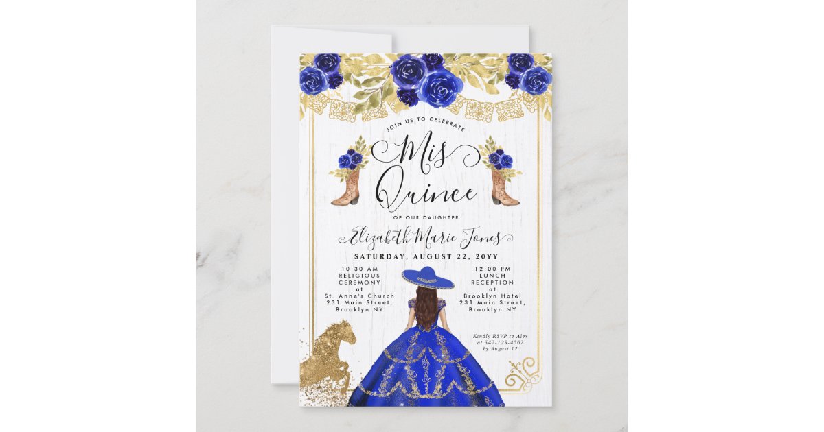 Royal Blue Floral Dress Butterfly Quinceanera Gold Foil Invitation, Zazzle