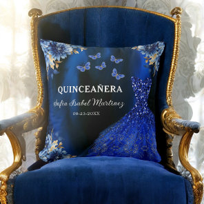 Floral Royal Blue Gold Princess Quinceanera Throw Pillow