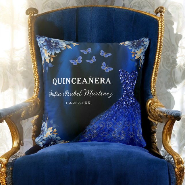 Floral Royal Blue Gold Princess Quinceanera Throw Pillow (Creator Uploaded)