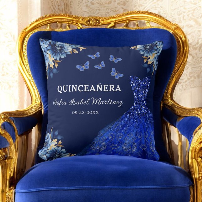 Floral Royal Blue Gold Princess Quinceanera Throw Pillow (Creator Uploaded)