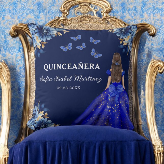 Floral Royal Blue Gold Princess Quinceanera Throw Pillow (Creator Uploaded)