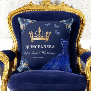 Floral Royal Blue Gold Princess Quinceanera Throw Pillow
