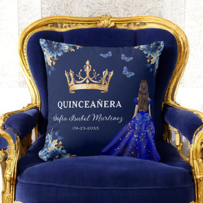 Floral Royal Blue Gold Princess Quinceanera Throw Pillow