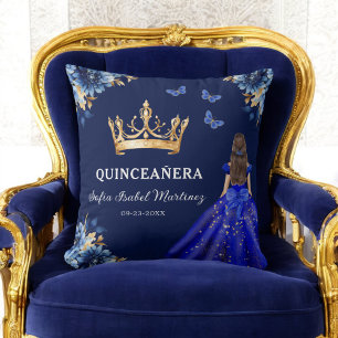 Floral Royal Blue Gold Princess Quinceanera Throw Pillow