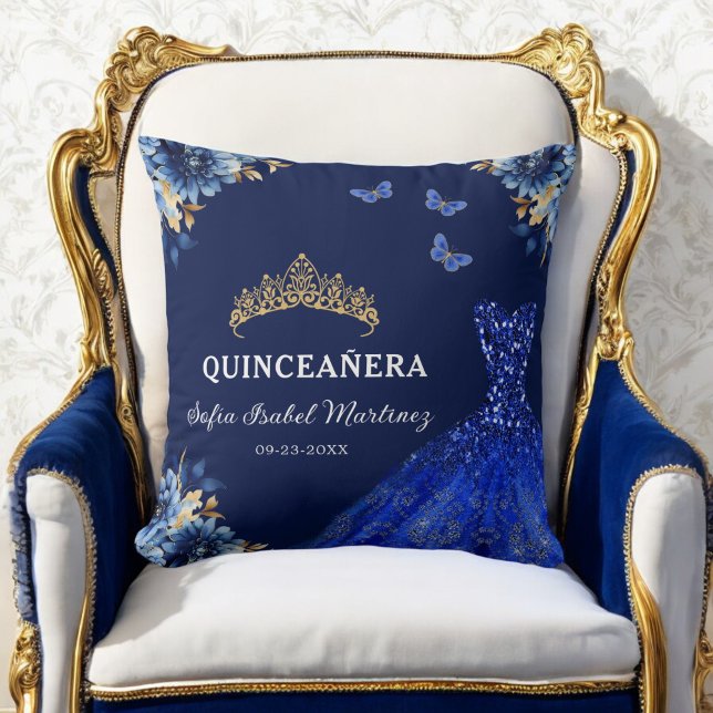 Floral Royal Blue Gold Princess Quinceanera Throw Pillow (Creator Uploaded)