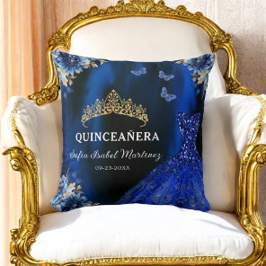 Floral Royal Blue Gold Princess Quinceanera Throw Pillow