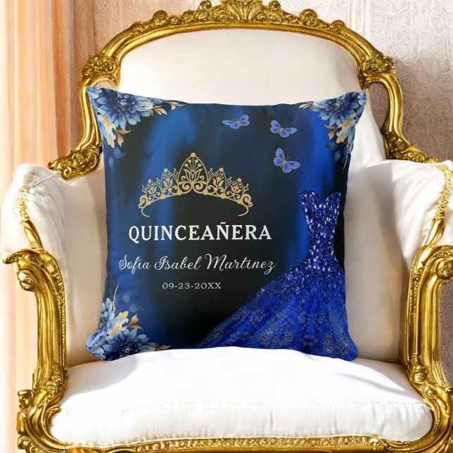 Floral Royal Blue Gold Princess Quinceanera Throw Pillow (Creator Uploaded)