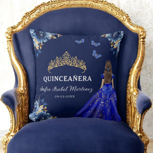 Floral Royal Blue Gold Princess Quinceanera Throw Pillow