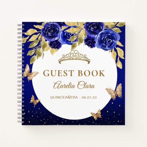 Floral Royal Blue Gold Tiara Butterfly  Guest Book