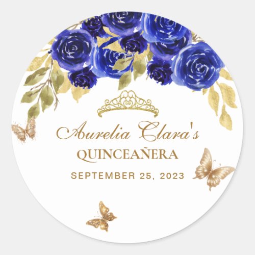 Floral Royal Blue Gold Tiara Butterfly Quinceaera Classic Round Sticker