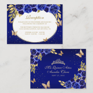 Floral Royal Blue Gold Tiara Butterfly Quinceañera Enclosure Card